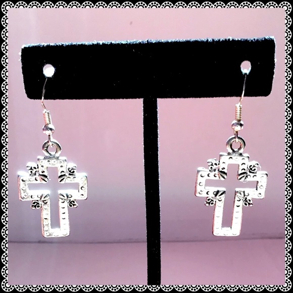 1 1/8” Artisan Crafted SilverTone Crosses on Sterling Silver EarWires - Picture 1 of 3
